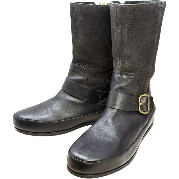 Fitflop Dueboot Black Pebbled Nubuck Leather Mid Calf Moto Boot - Picture 7 of 13